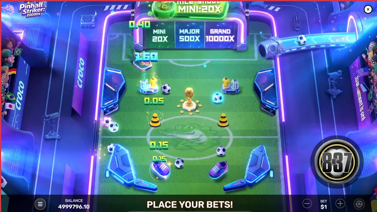 Tampilan visual slot Pinball Striker 20,000x dengan tema sepak bola dan pinball.