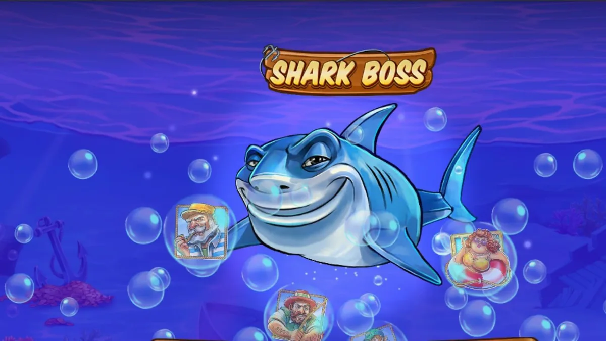 Tampilan visual slot Shark Boss dengan hiu di atas perahu